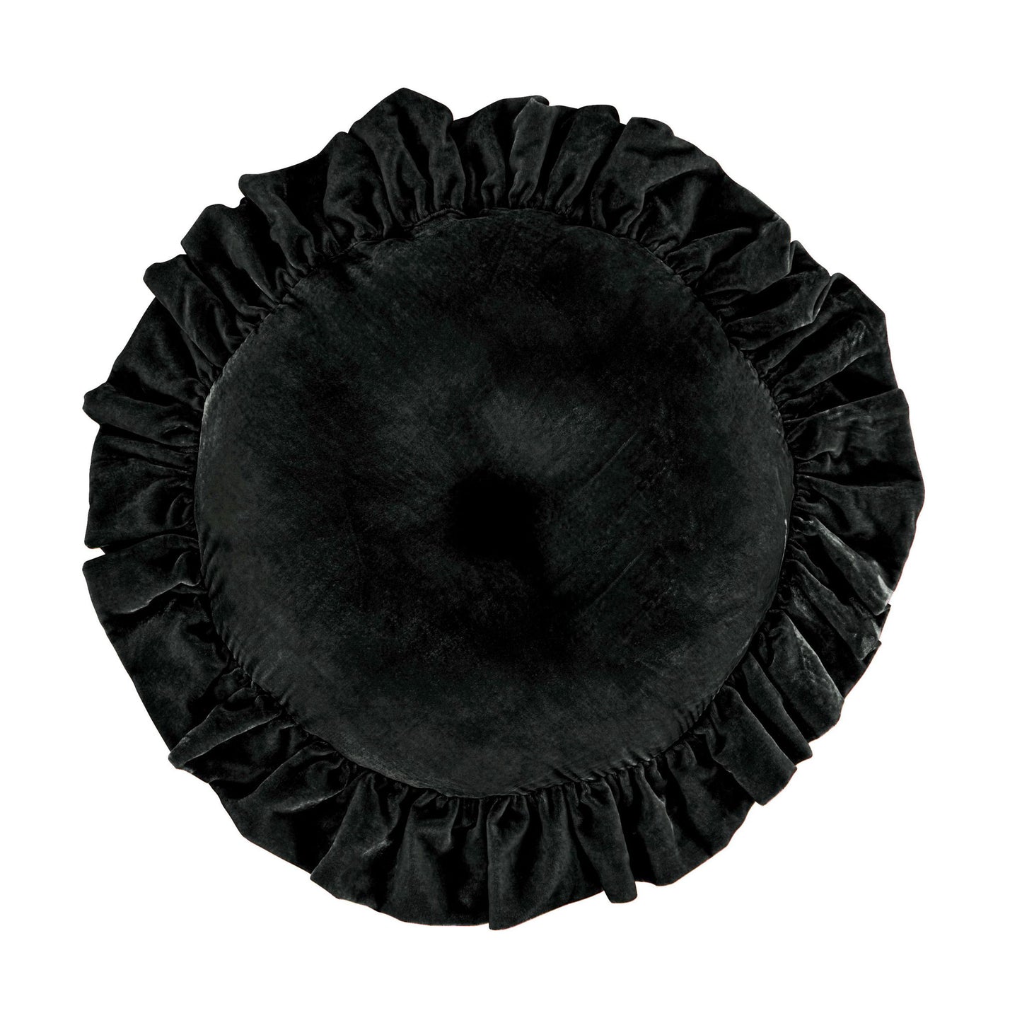 Stella - Faux Silk Velvet Ruffled Round Pillow - Black