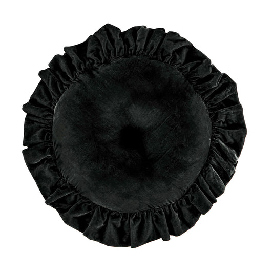 Stella - Faux Silk Velvet Ruffled Round Pillow - Black