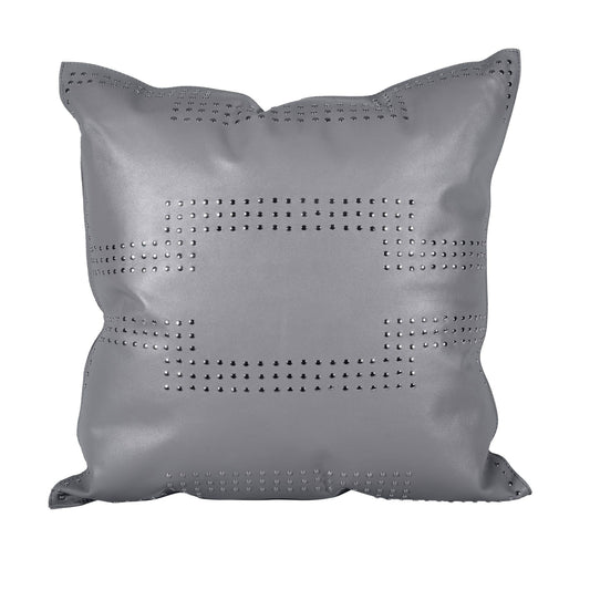 Genuine Leather - Geometric Studded Throw Pillow - Gray