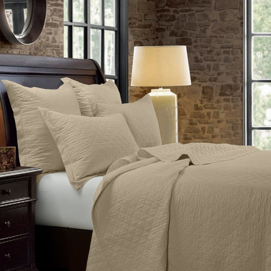 Diamond Linen - Full/Queen Linen Cotton Diamond Quilt Set (Set of 3) - Light Tan