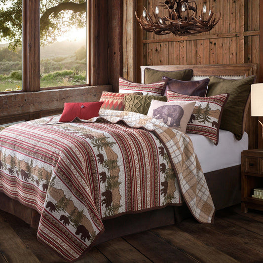 Bear Trail - Full/Queen Reversible Quilt Set (Set of 3) - Red / White / Tan
