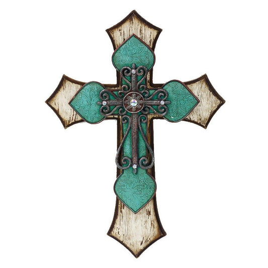 Cross - 22" x 15.5" Triple Layer Cross Wall Décor With Metal Scrollwork - Cream / Turquoise