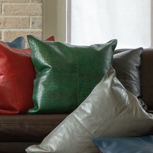 Genuine Leather - Embossed Emerald Croc Pillow - Emerald