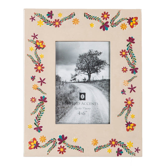 Picture Frame - 4" x 6" Mexican Floral Ceramic Picture Frame - Beige