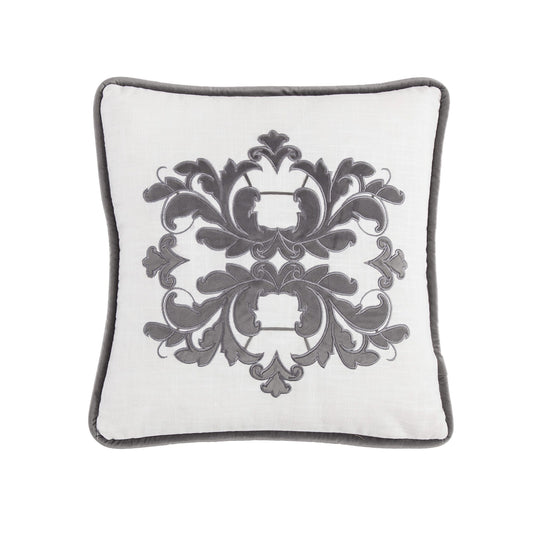 Madison - Velvet Embroidered White Square Pillow - White / Gray