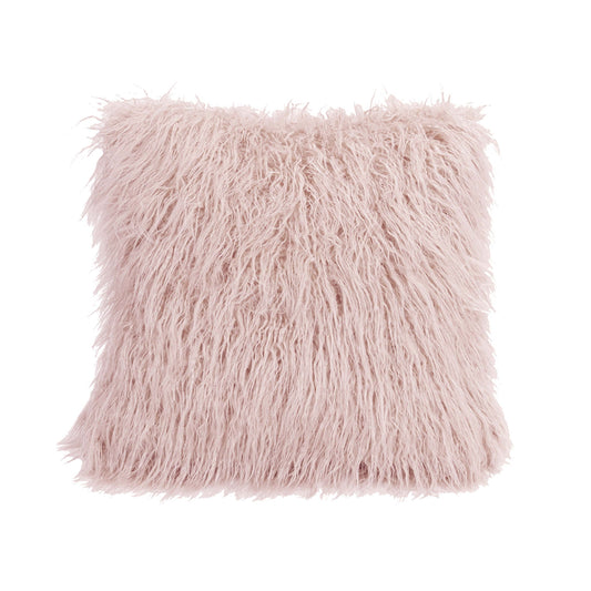 Mongolian Fur - Faux Fur Throw Pillow - Blush