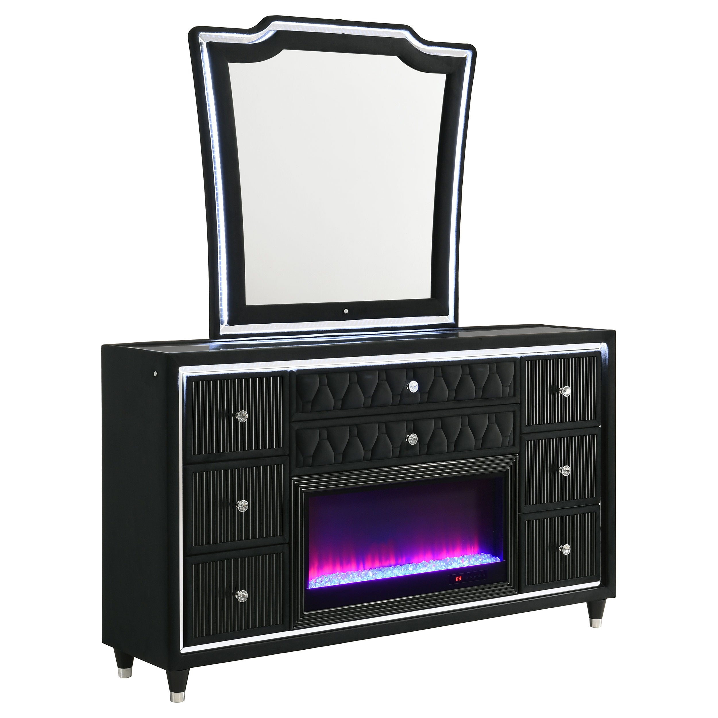 Lorient 8-drawer LED Flame Box Dresser and Mirror Black  Charlotte's  Furniture and Fashion