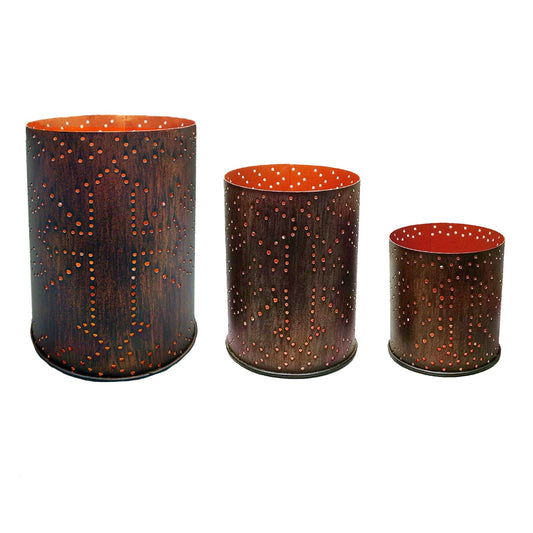 Saguaro Cactus - Cross Distressed Metal Cylinder Pillar Candle Holder Set (Set of 3) - Dark Brown
