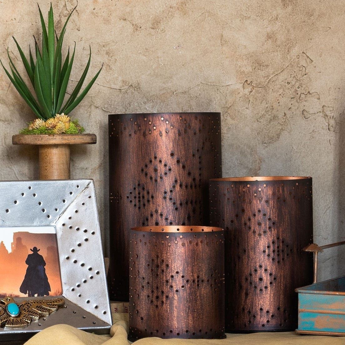 Saguaro Cactus - Cross Distressed Metal Cylinder Pillar Candle Holder Set (Set of 3) - Dark Brown