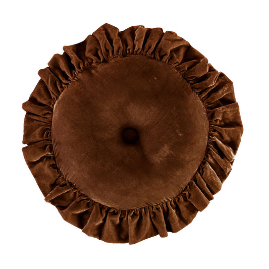 Stella - Faux Silk Velvet Ruffled Round Pillow - Copper Brown