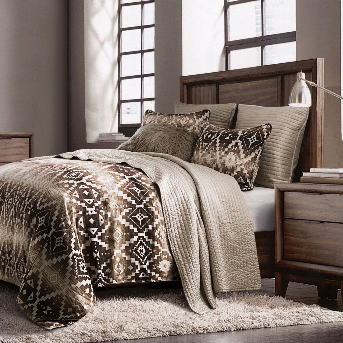 Chalet - Full Aztec Comforter Set (Set of 3) - White / Brown