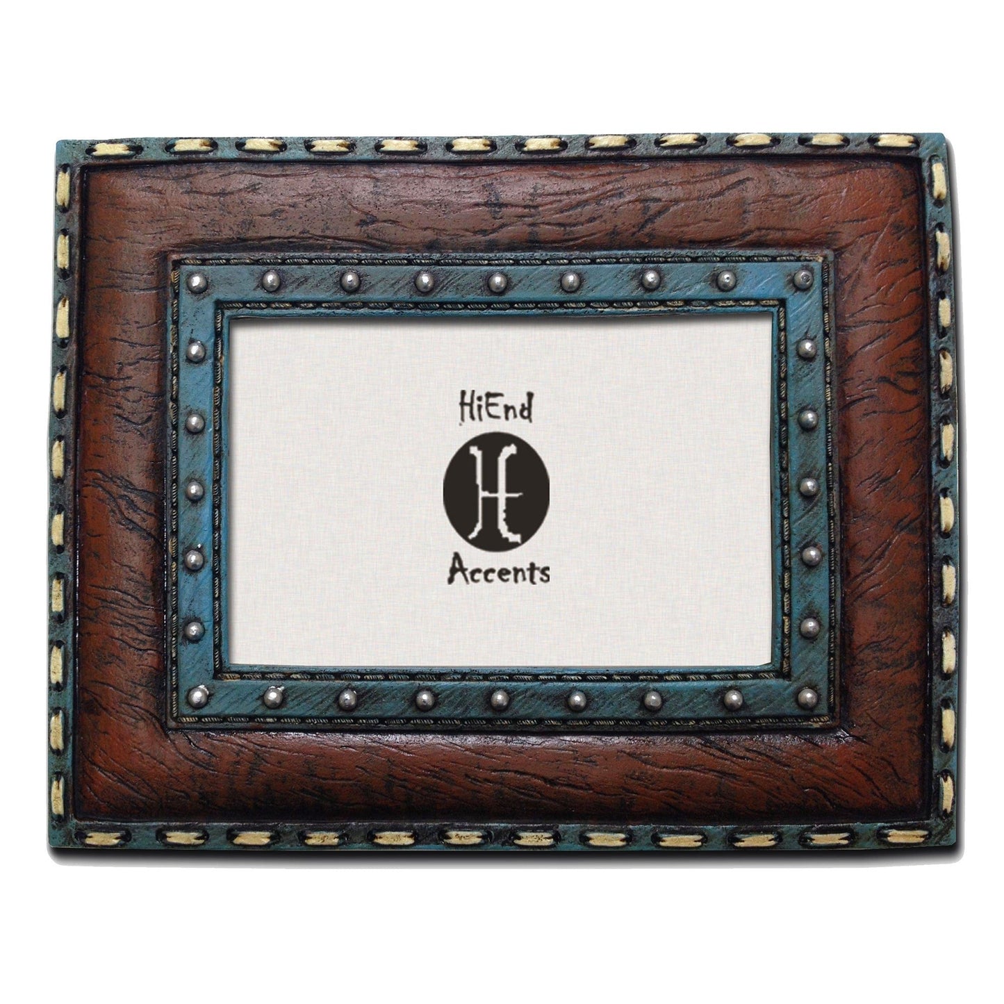 Picture Frame - 4" x 6" Turquoise Edge & Stitched Leather Insert Picture Frame  - Blue