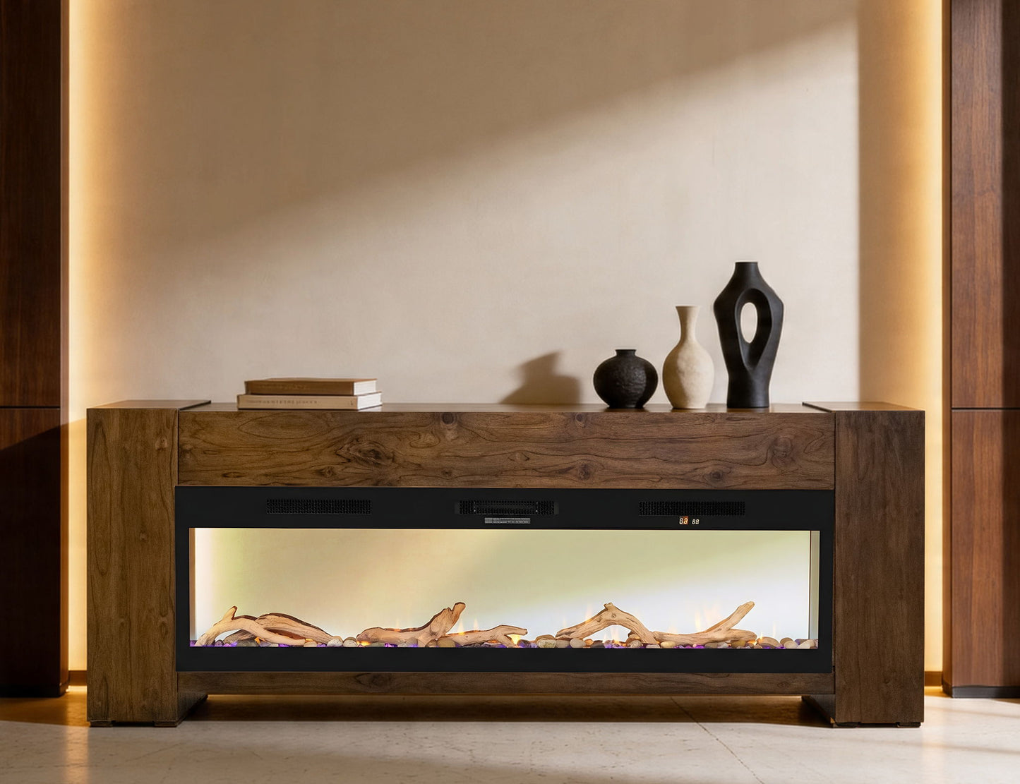 Natural Teca - Console 94" Electric Fireplace Compatible - Brown