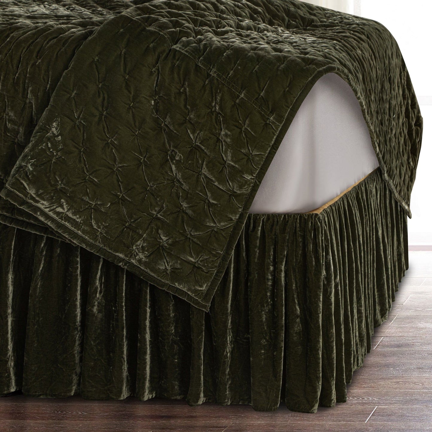 Stella - King Faux Silk Velvet Bed Skirt - Fern Green