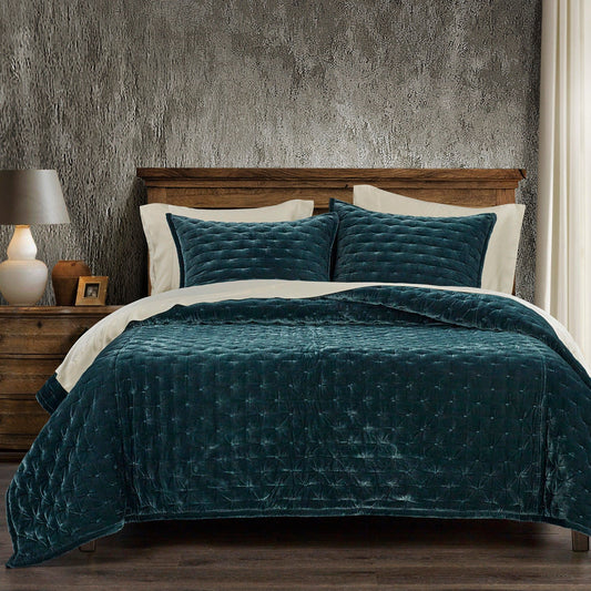 Stella - King Faux Silk Velvet Pintuck Quilt - Storm Blue