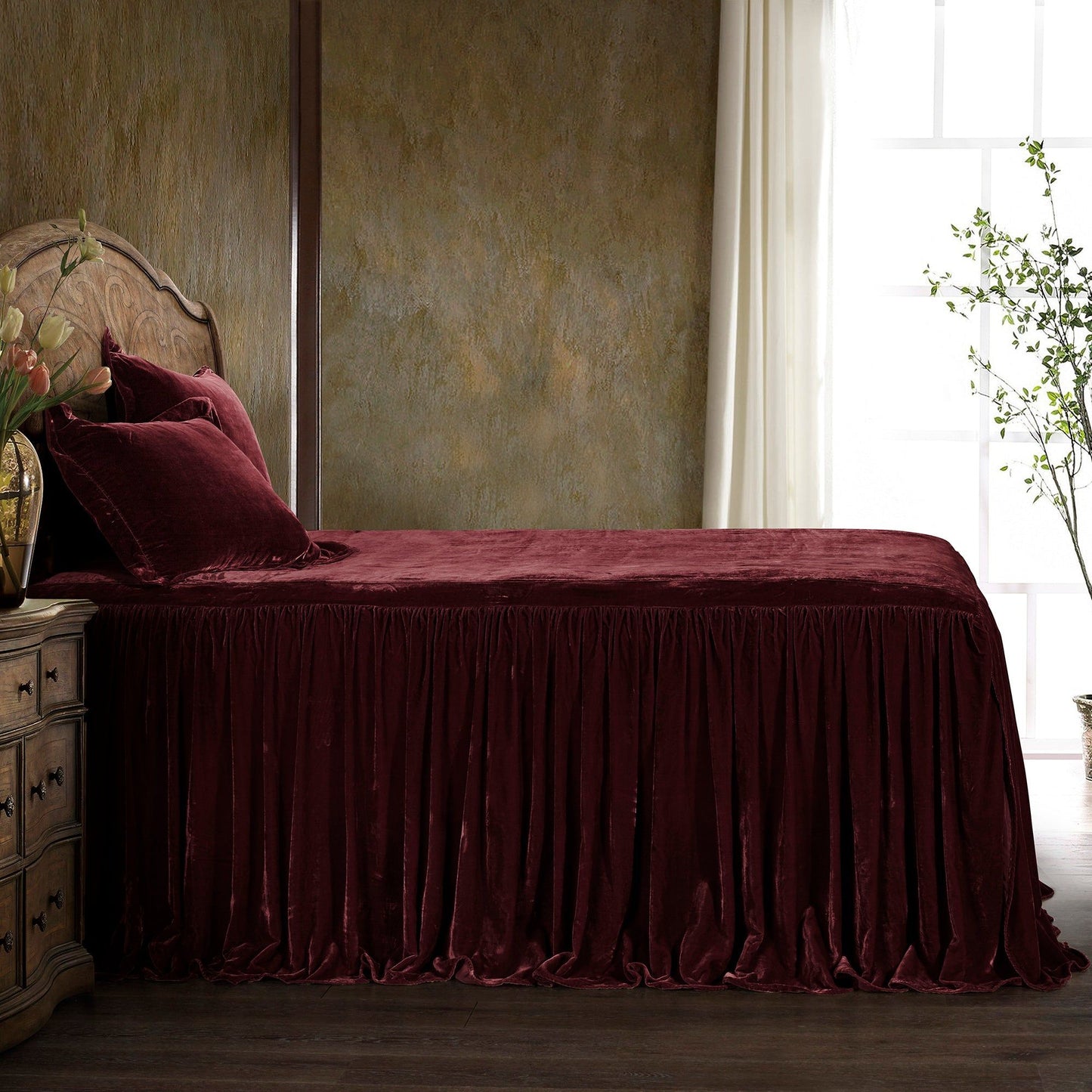 Stella - Twin Faux Silk Velvet Bedspread Set (Set of 2) - Garnet Red