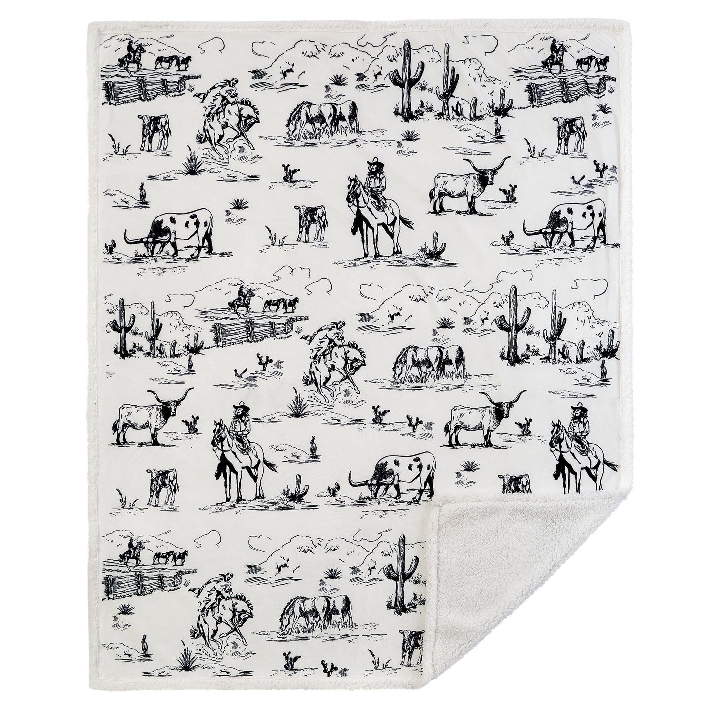 Campfire - Ranch Life Western Toile Campfire Sherpa Throw - Black / White