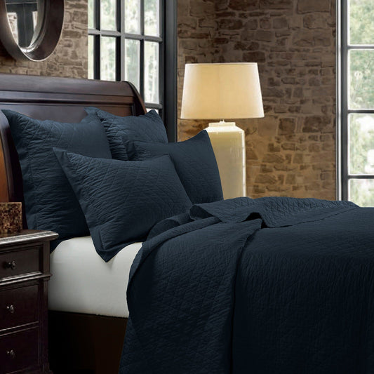 Diamond Linen - King Linen Cotton Diamond Quilt Set (Set of 3) - Navy