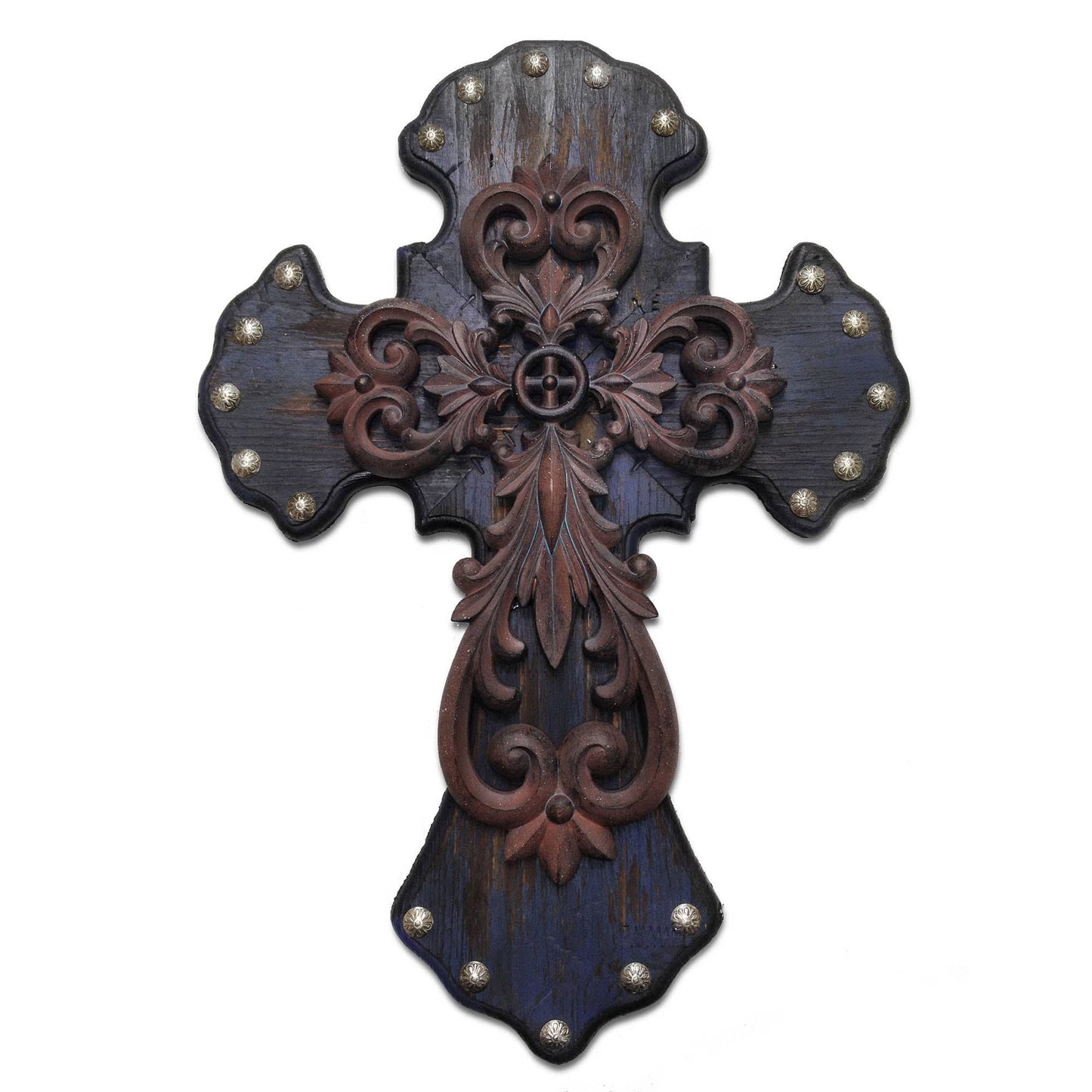 Cross - 22" x 15.5" Metal Overlay Studded Cross Wall Décor  - Deep Blue