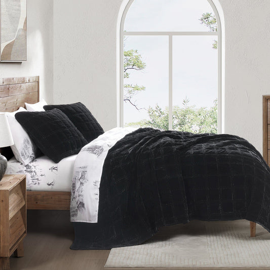 Stella - King Faux Silk Velvet Double Box Stitch Quilt Set (Set of 3) - Black