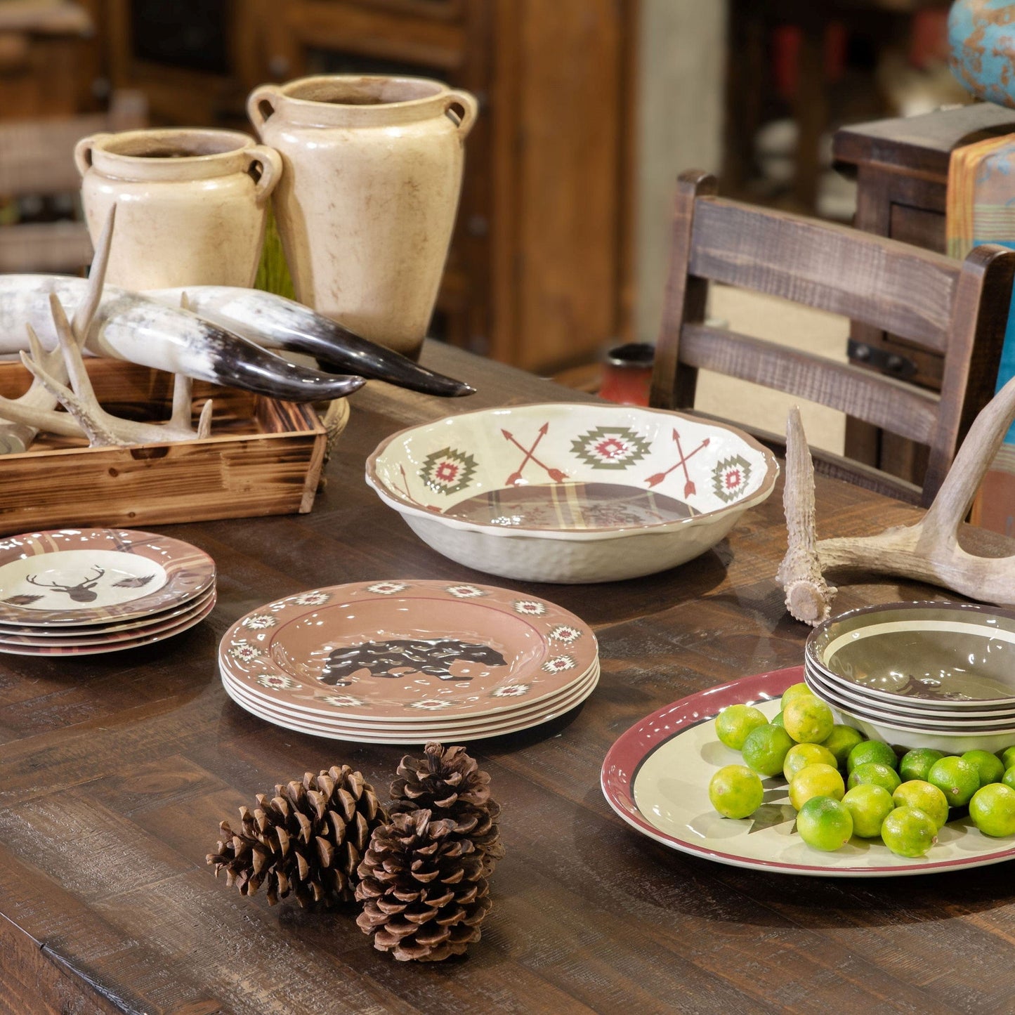 Aztec Bear - Melamine Dinnerware Set (Set of 14) - Brown / Red