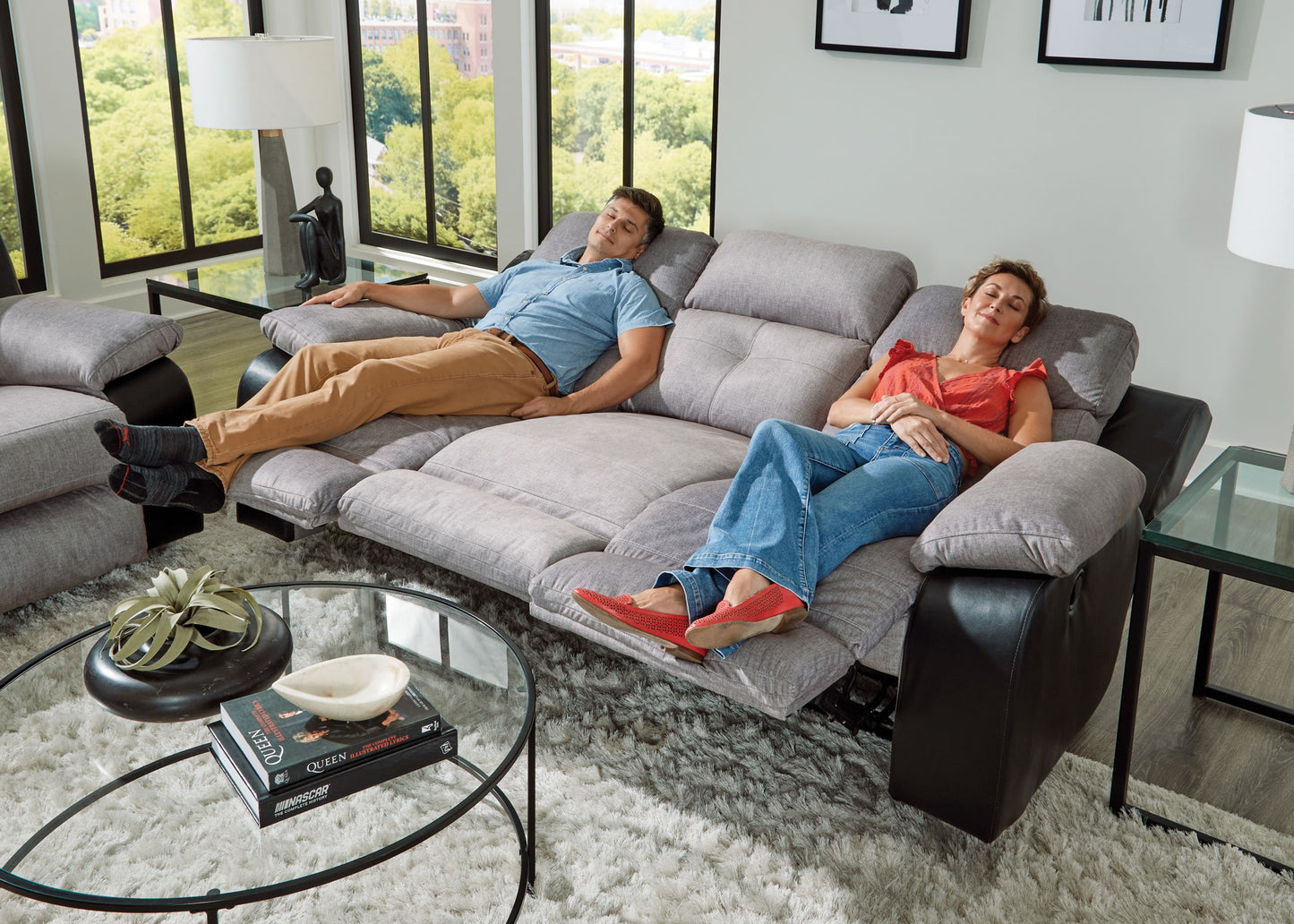 Felix - Sofa With 3 Recliners & Drop Down Table - Black / Granite