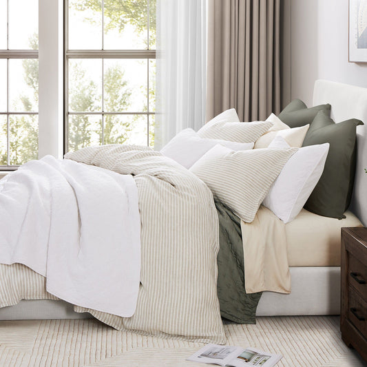 100% French Flax Linen - King Railroad Stripe Duvet Cover Set (Set of 3) - Natural