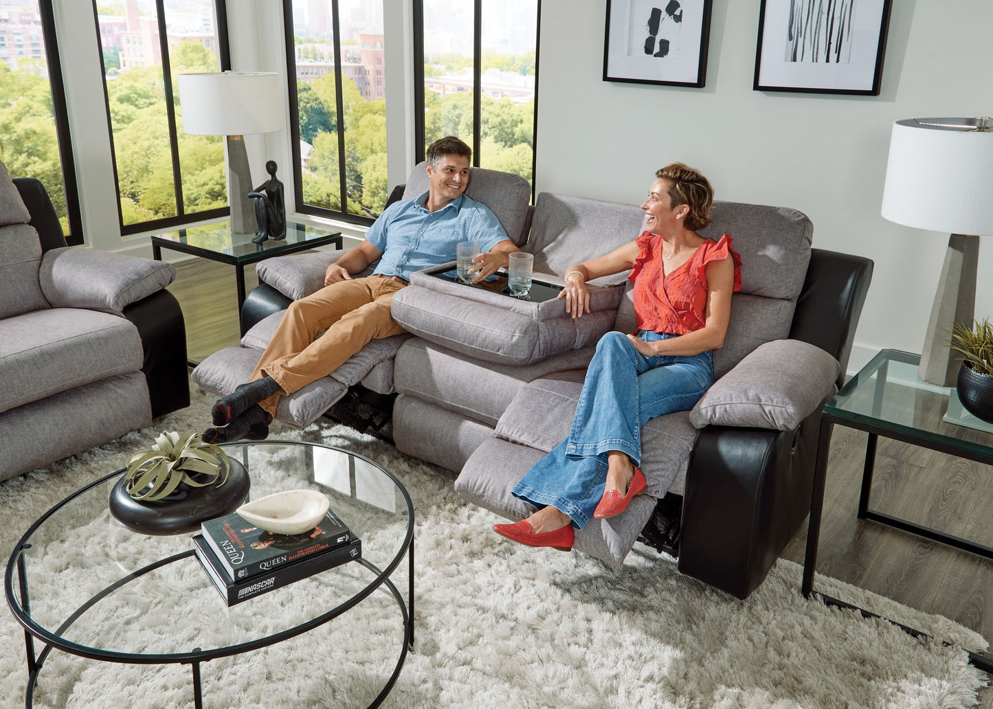 Felix - Sofa With 3 Recliners & Drop Down Table - Black / Granite