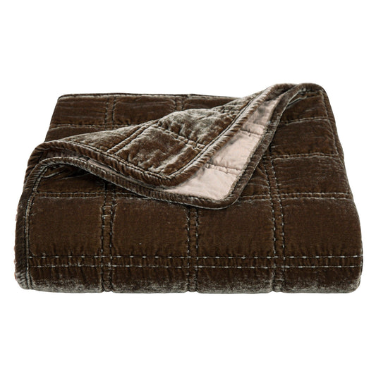 Stella - Faux Silk Velvet Double Box Stitch Throw - Green Ochre