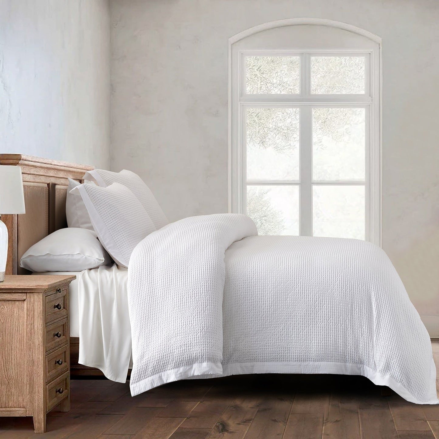 Stonewashed Cotton Waffle Weave - King Duvet Cover Set (Set of 3) - White