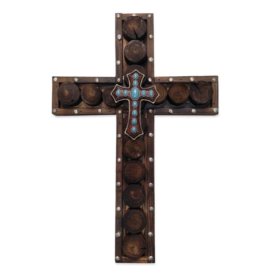 Cross - 20" x 13.5" Studded Wood & Turquoise Cross Wall Décor  - Dark Brown