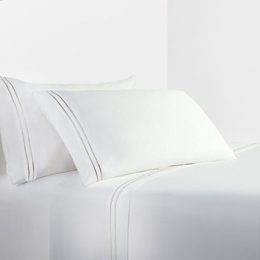 Stripe Sheet - King 350TC Embroidered Stripe Sheet Set (Set of 4) - White / Taupe