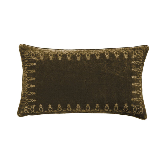 Stella - Faux Silk Velvet Embroidered Lumbar Pillow - Green Ochre