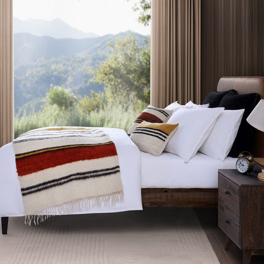 Solola - 100% Wool Handwoven Throw Blanket - Orange / Natural