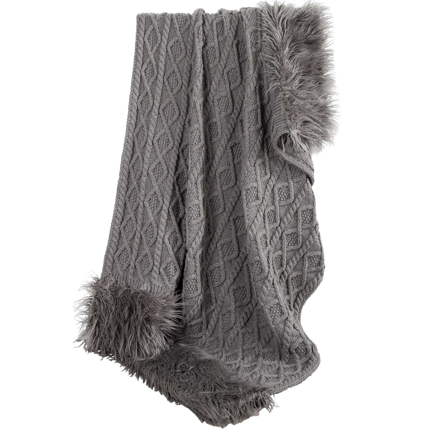 Nordic - Cable Knit & Mongolian Fur Oversized Throw Blanket - Gray