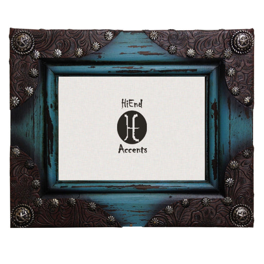 Picture Frame - 5" x 7" Painted Distressed Wood With Leather Corners  - Blue