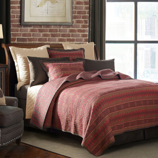 Rushmore - Full/Queen Reversible Quilt Set (Set of 3) - Red / Brown