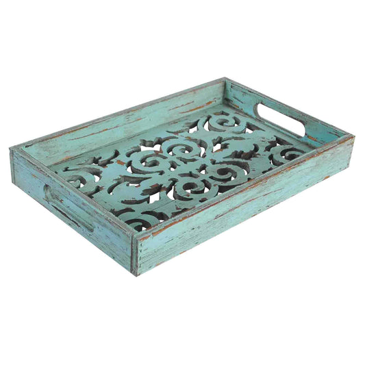 Turquoise - Wooden Decorative Scroll Carved Tray - Turquoise