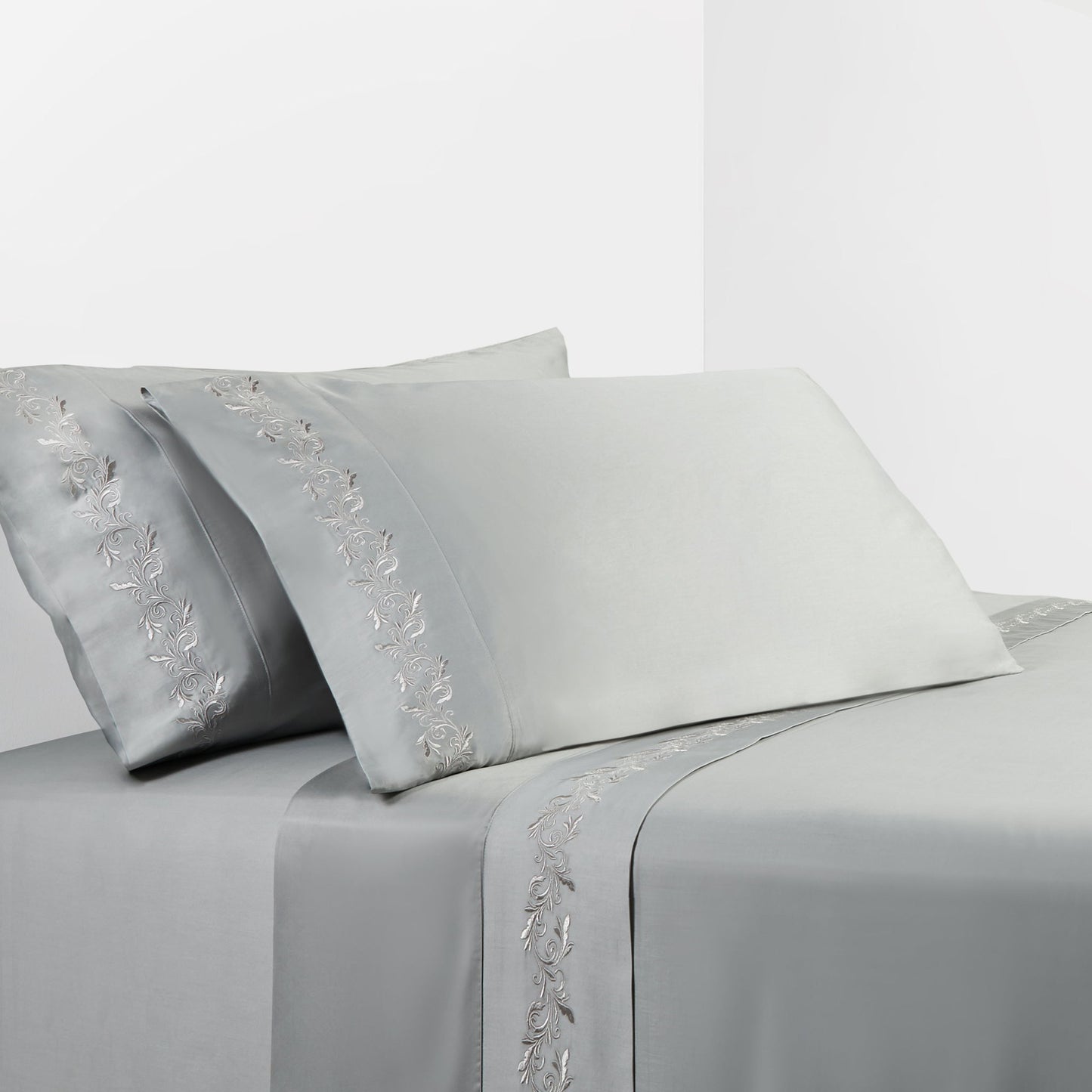 Scroll Sheet - Queen 350TC Gray Scroll Embroidered Sheet Set (Set of 4) - Gray