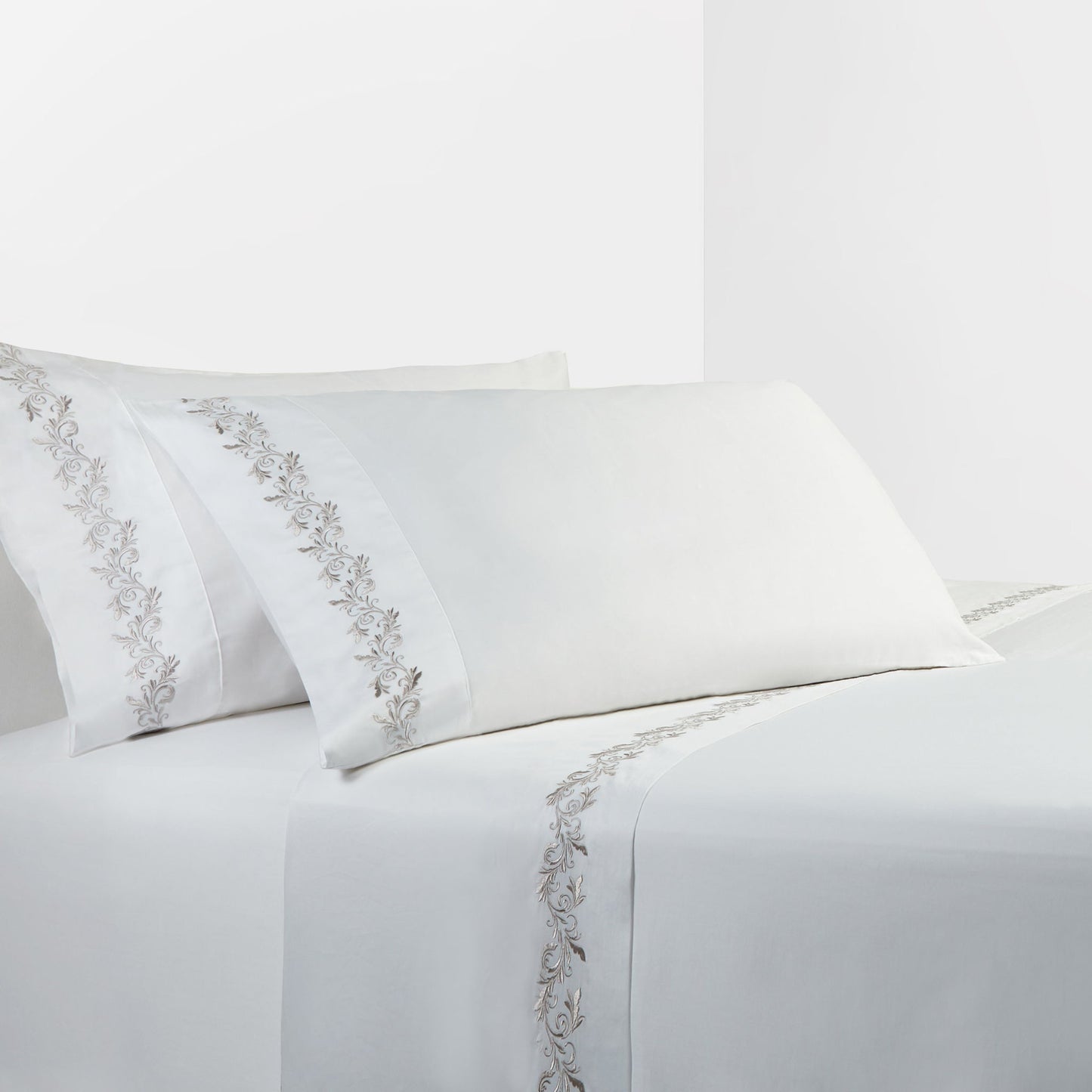 Scroll Sheet - Queen 350TC Gray Scroll Embroidered Sheet Set (Set of 4) - White