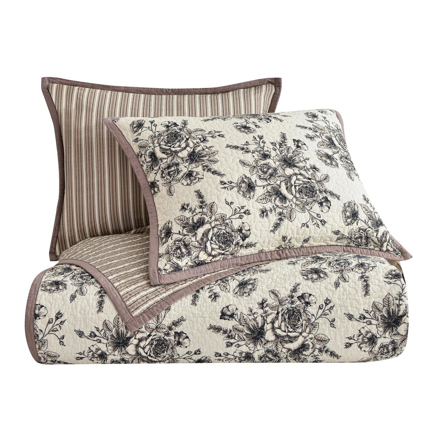 Lyla - Full/Queen Reversible Floral Print Quilt Set (Set of 3) - White / Brown