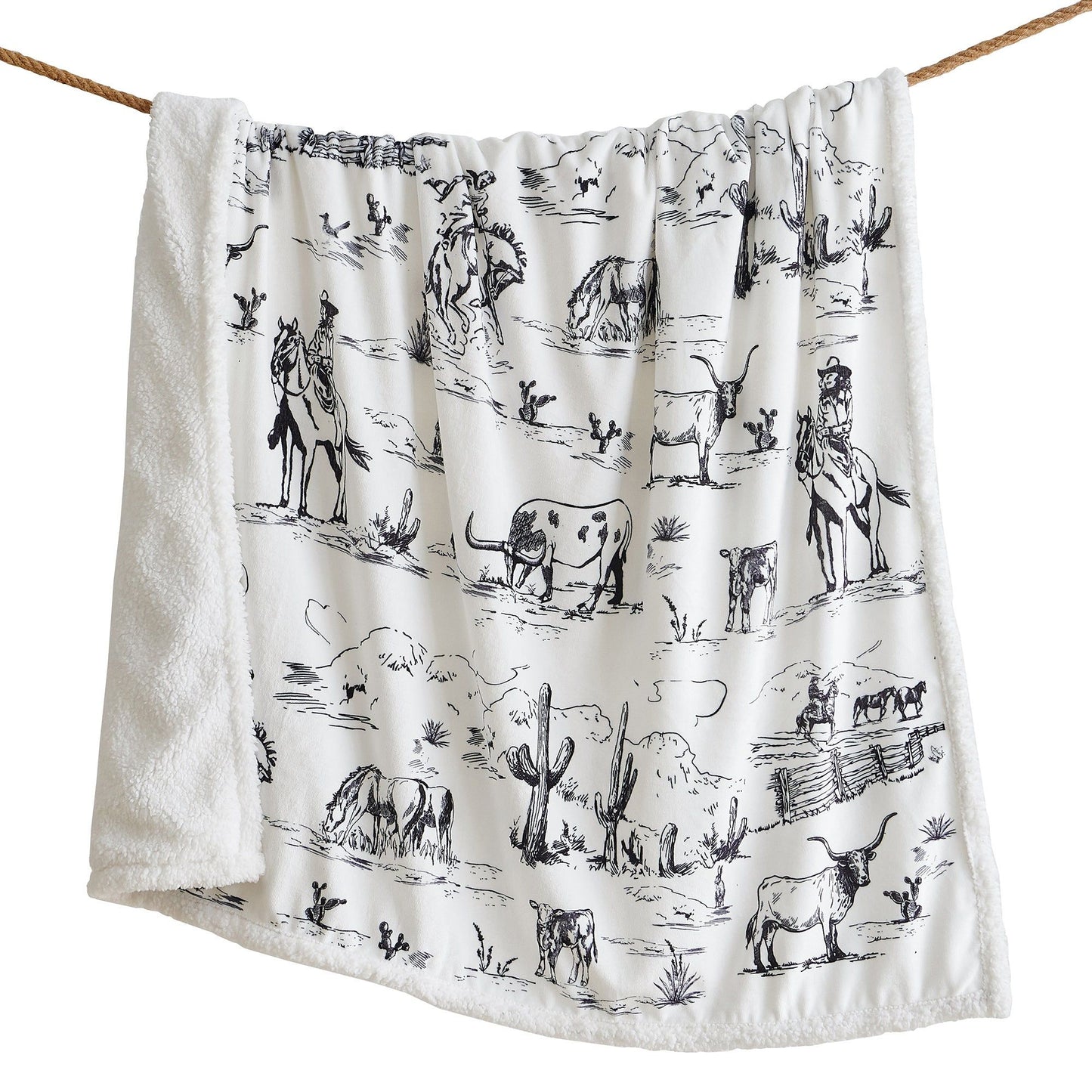 Campfire - Ranch Life Western Toile Campfire Sherpa Throw - Black / White