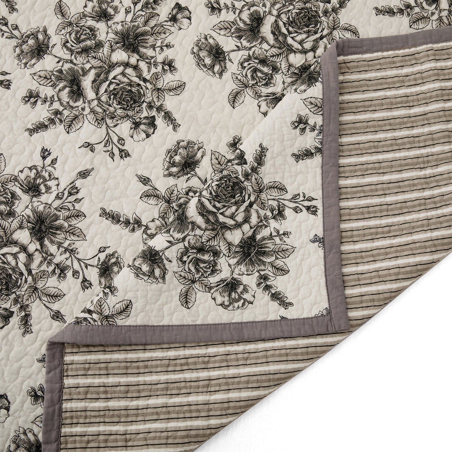 Lyla - Twin Reversible Floral Print Quilt Set (Set of 2) - White / Brown