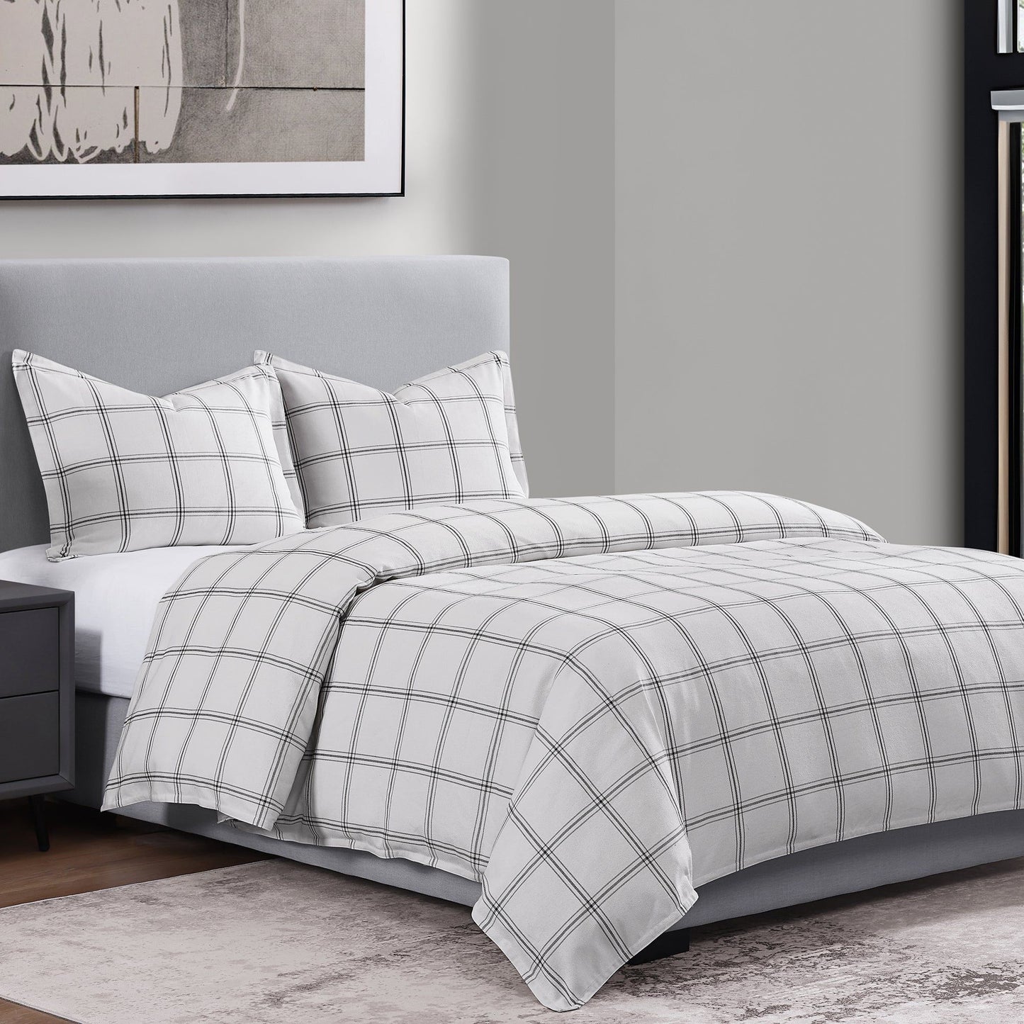 Windowpane - Queen Plaid Duvet Cover Set (Set of 3) - White