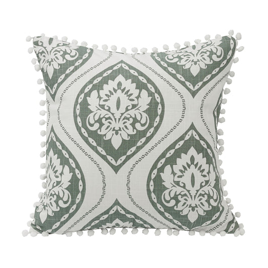 Belmont - Graphic Printed Pom Trimmed Throw Pillow - Green / White