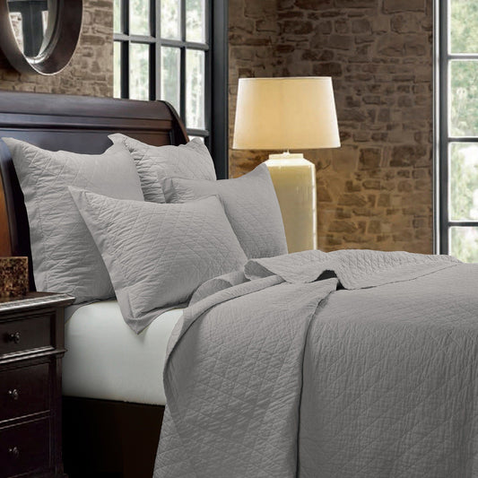 Diamond Linen - King Linen Cotton Diamond Quilt Set (Set of 3) - Gray