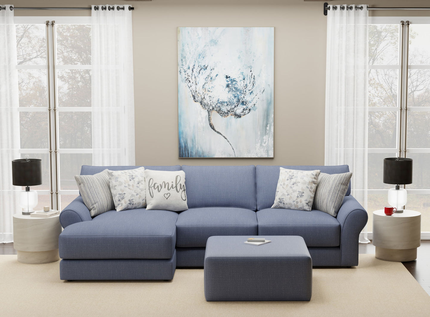 Cape May - Sofa Chaise With Comfort Coil Seating, 41" Cocktail Ottoman And 5 Accent Pillows Included