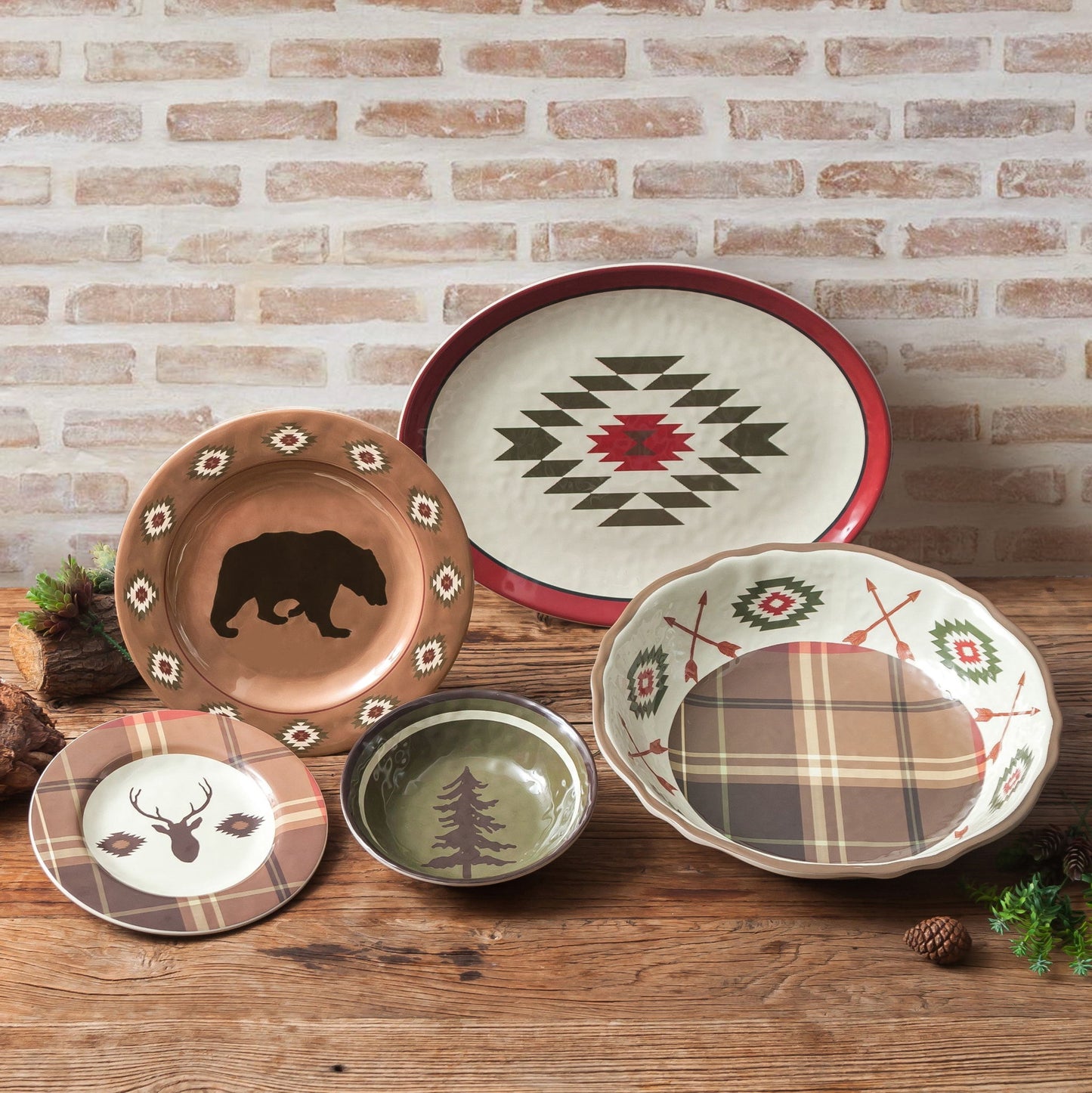 Aztec Bear - Melamine Dinnerware Set (Set of 14) - Brown / Red
