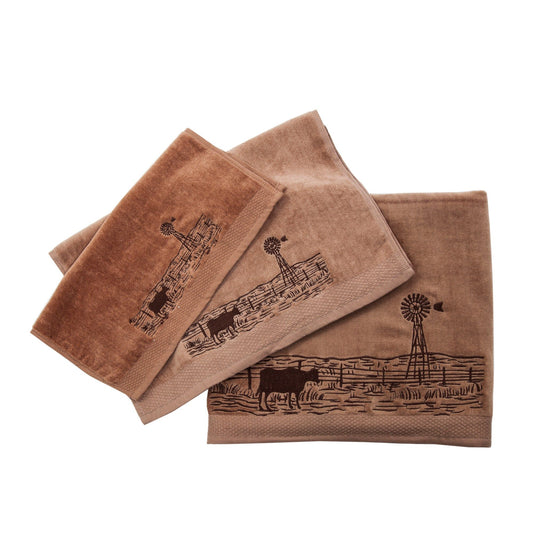 Jasper - Embroidered Windmill Landscape Towel Set (Set of 3) - Mocha