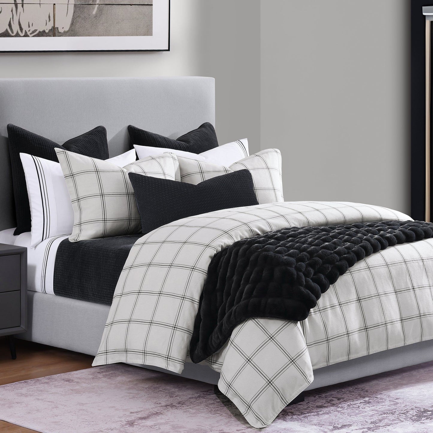 Windowpane - Queen Plaid Duvet Cover Set (Set of 3) - White
